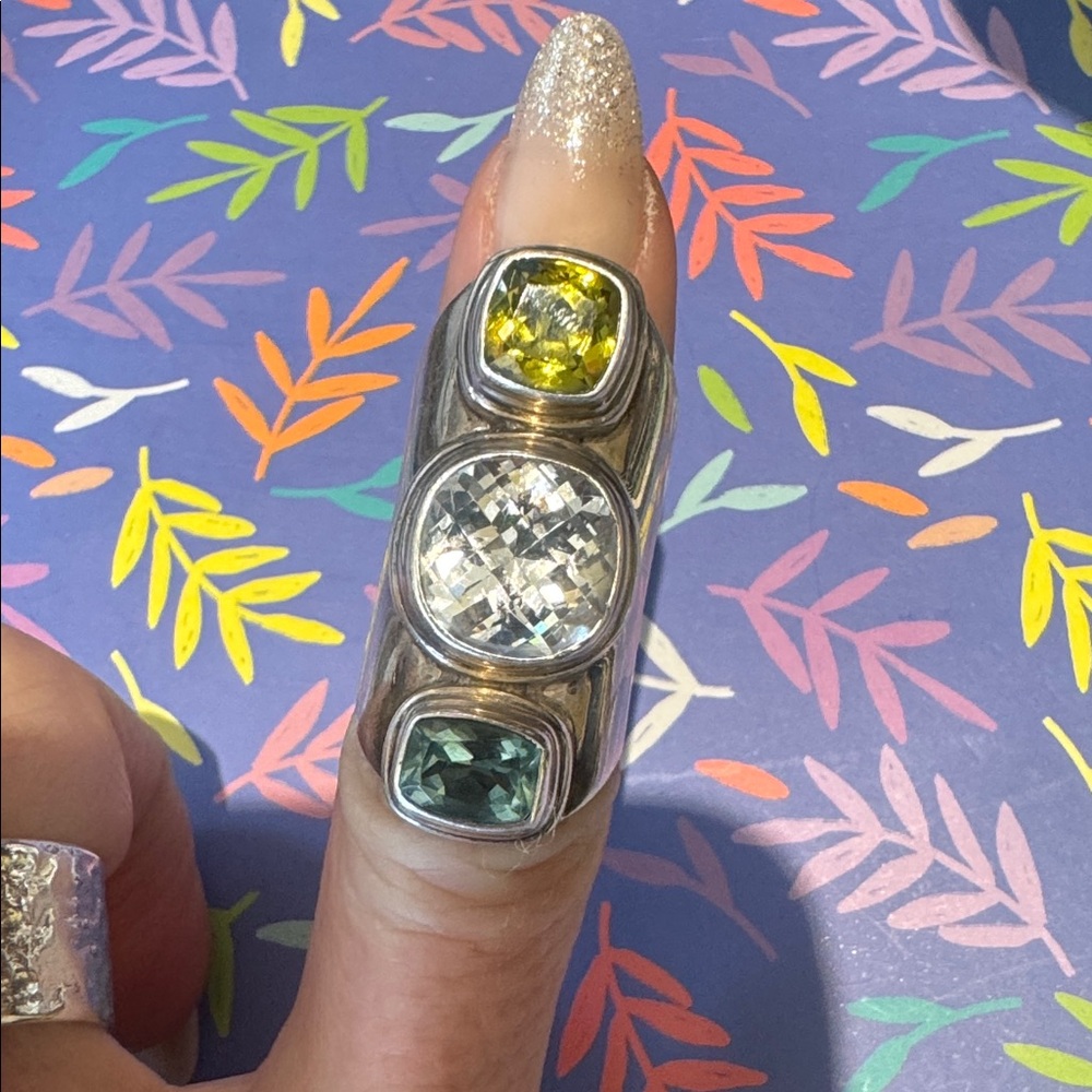 Solid Sterling Silver Ring With Green And Blue Ge… - image 2